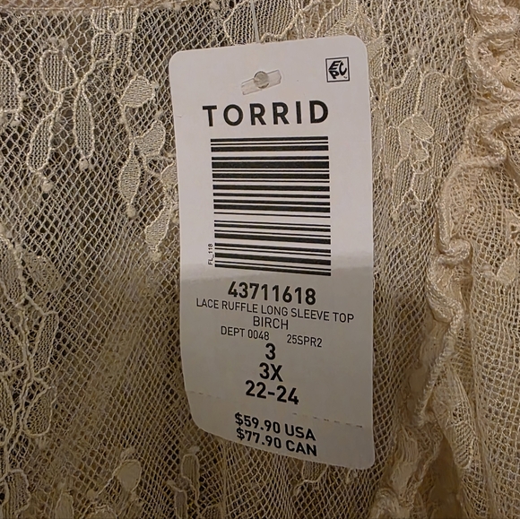 Torrid New Lace Ruffle Long Sleeve Blouse Birch Size 3x - Picture 6 of 14